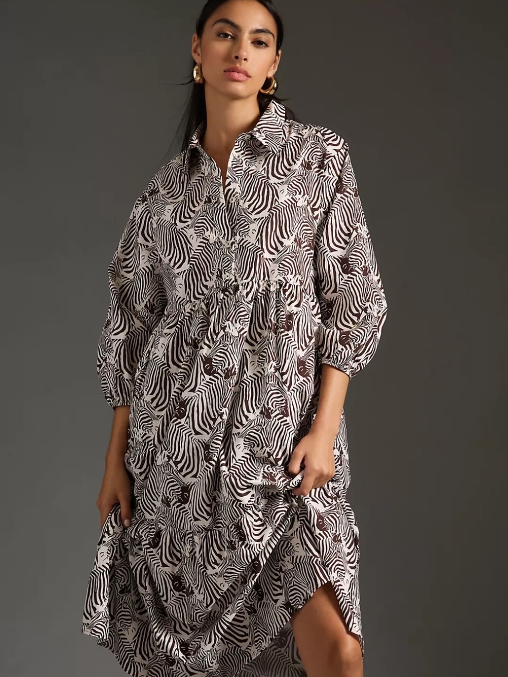 MAEVE Anthropologie The Bettina Tiered Shirt Dress Button Down Zebra Medium P